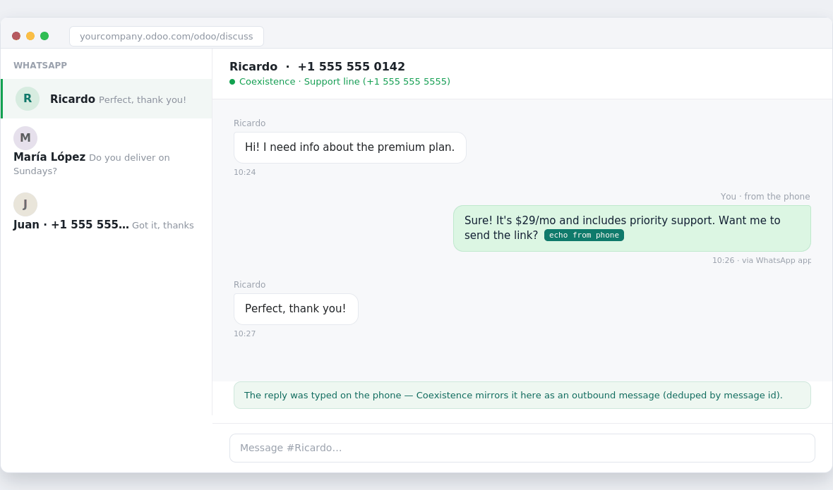 Conversación de WhatsApp dentro de Discuss en Odoo